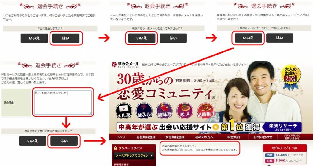 華の会メールの退会時アンケート画面